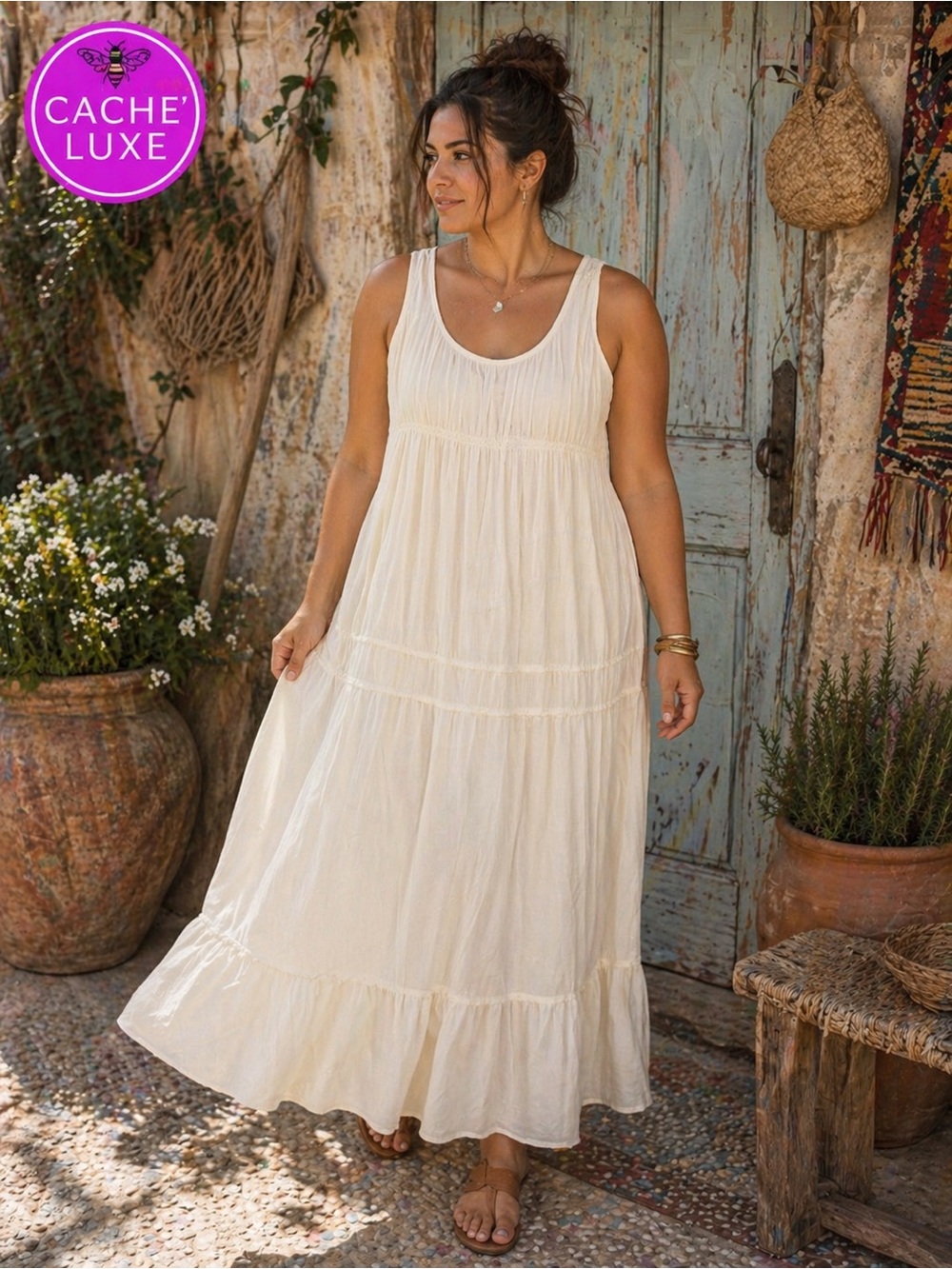 Cream Sheer Lined Tiered Maxi dress M